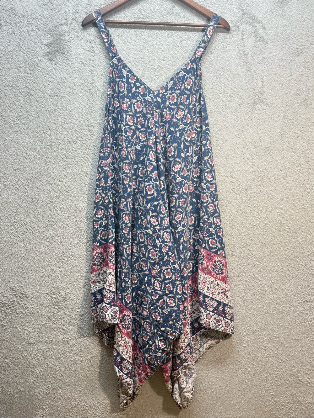 Pinky Blue Floral Rayon Sundress Button Strap Sleeveless Dress Romper Size M